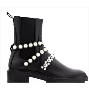 Zara Black Lug Sole Leather Triple Pearl Strap GOTH Chelsea BOOTS SIZE 7.5 BLACK